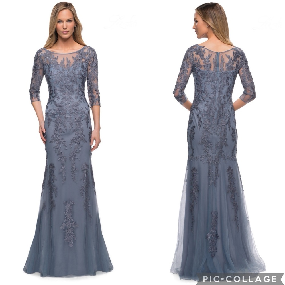 La Femme 29226 Lace Appliqué Tulle Gown Slate Blue 12